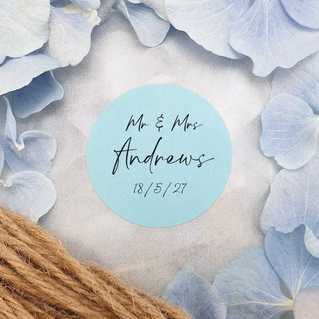 Blue Personalised Stickers - Mr & Mrs Design 1 - Confetti Bee