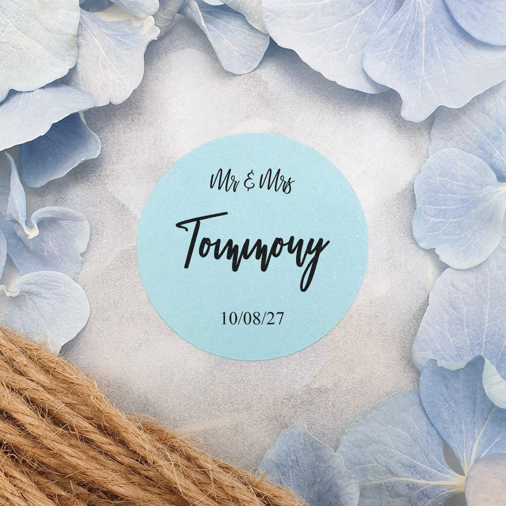 Blue Personalised Stickers - Mr & Mrs Design 3 - Confetti Bee