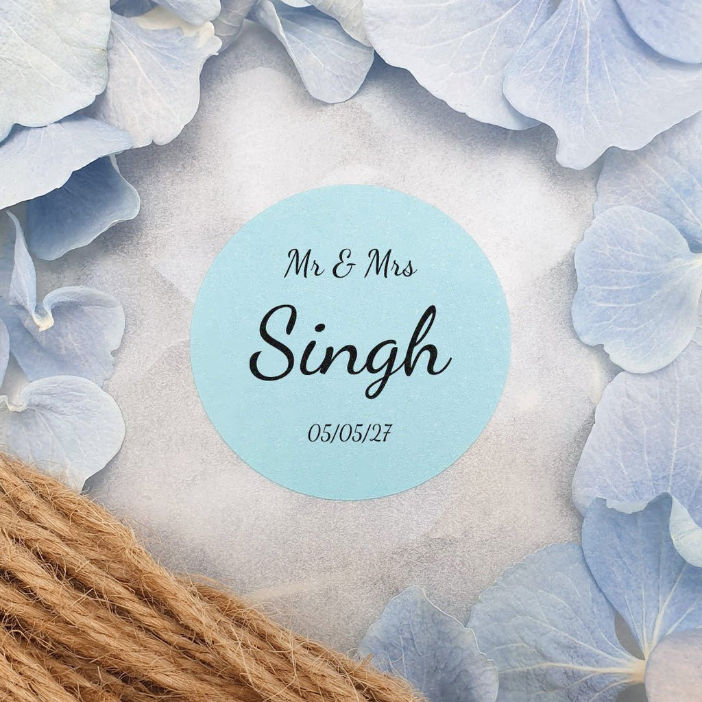Blue Personalised Stickers - Mr & Mrs Design 5 - Confetti Bee