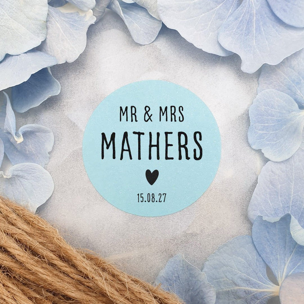 Blue Personalised Stickers - Mr & Mrs Design 6 - Confetti Bee