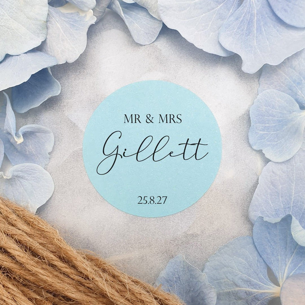 Blue Personalised Stickers - Mr & Mrs Design 8 - Confetti Bee