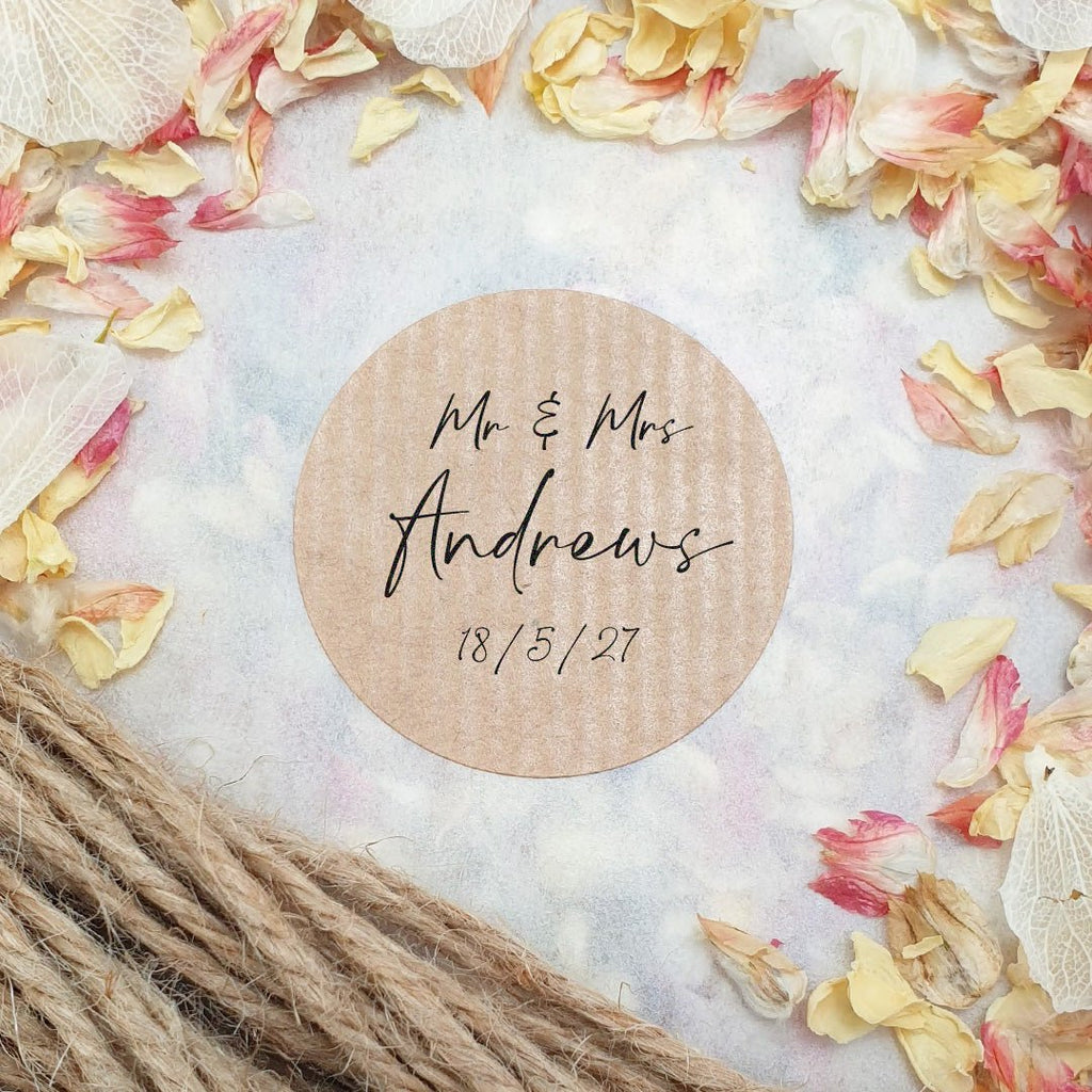 Kraft Brown Personalised Stickers - Mr & Mrs Design 1 - Confetti Bee