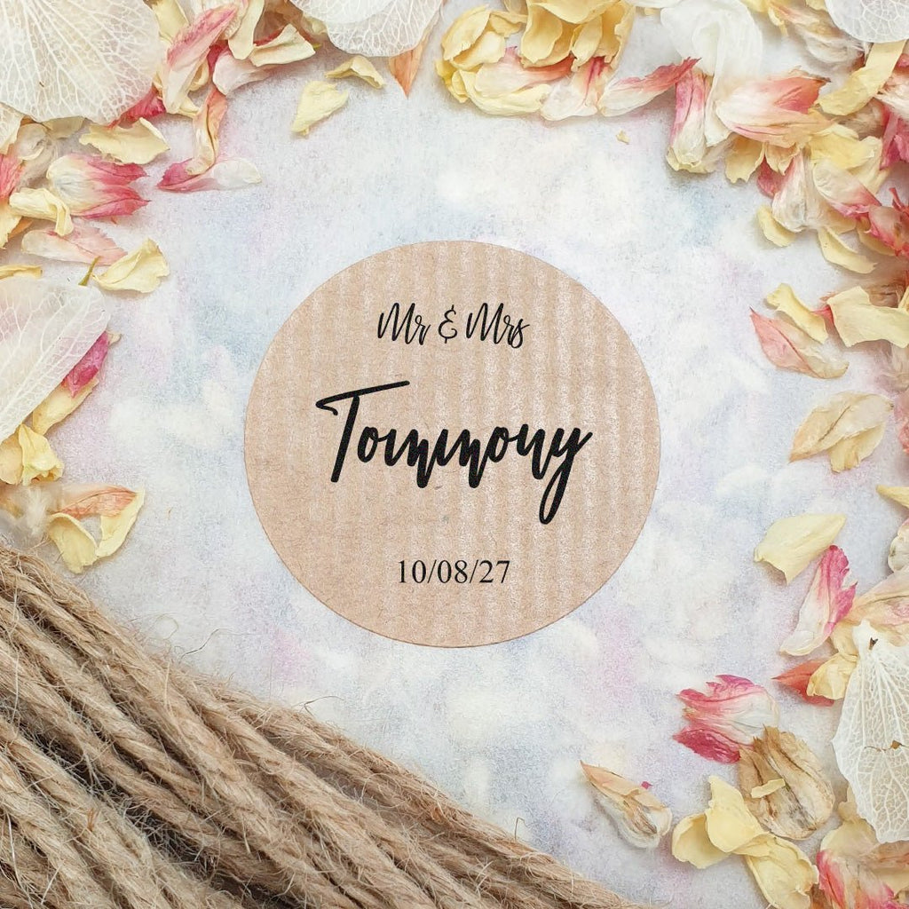 Kraft Brown Personalised Stickers - Mr & Mrs Design 3 - Confetti Bee