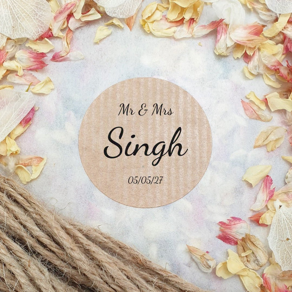 Kraft Brown Personalised Stickers - Mr & Mrs Design 5 - Confetti Bee