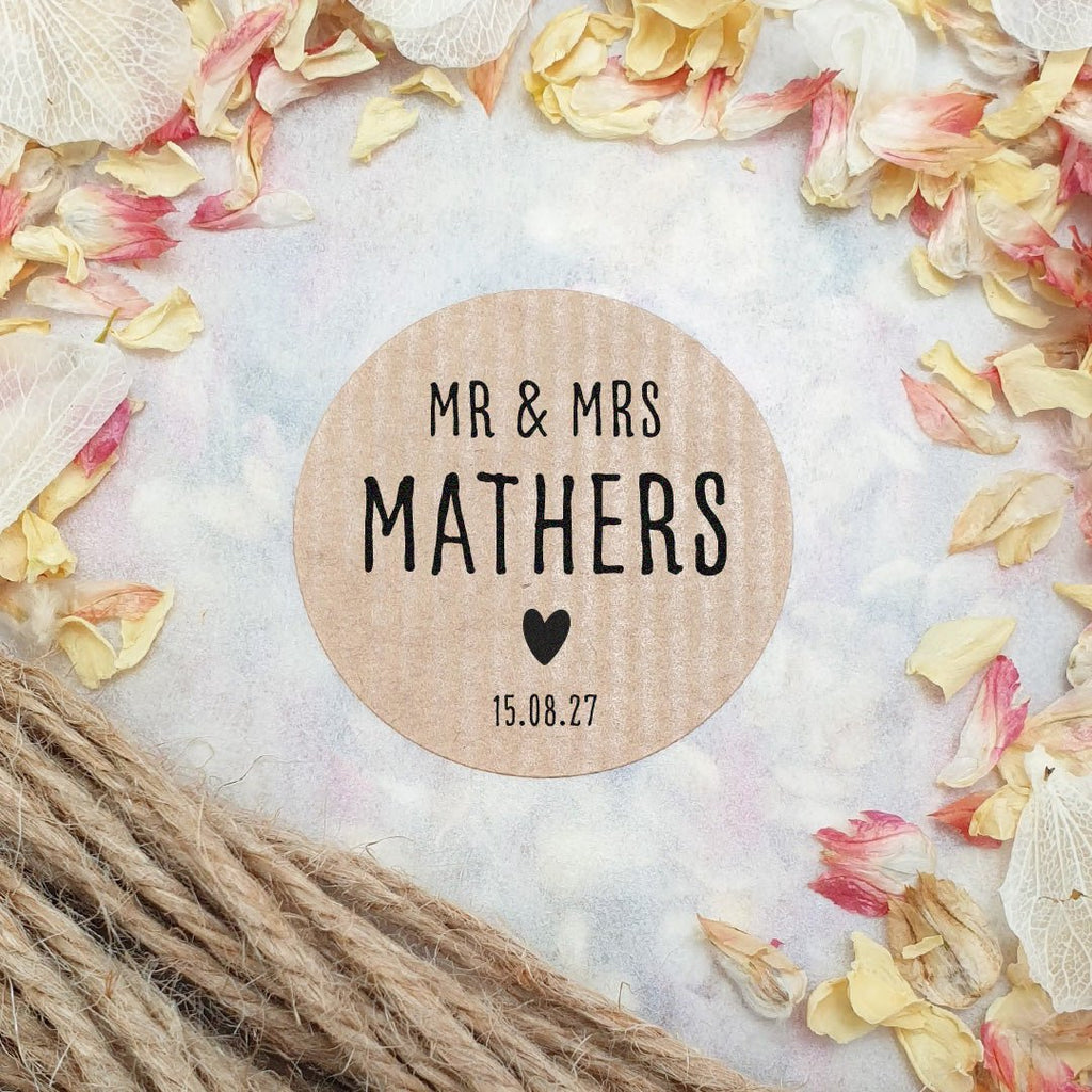 Kraft Brown Personalised Stickers - Mr & Mrs Design 6 - Confetti Bee