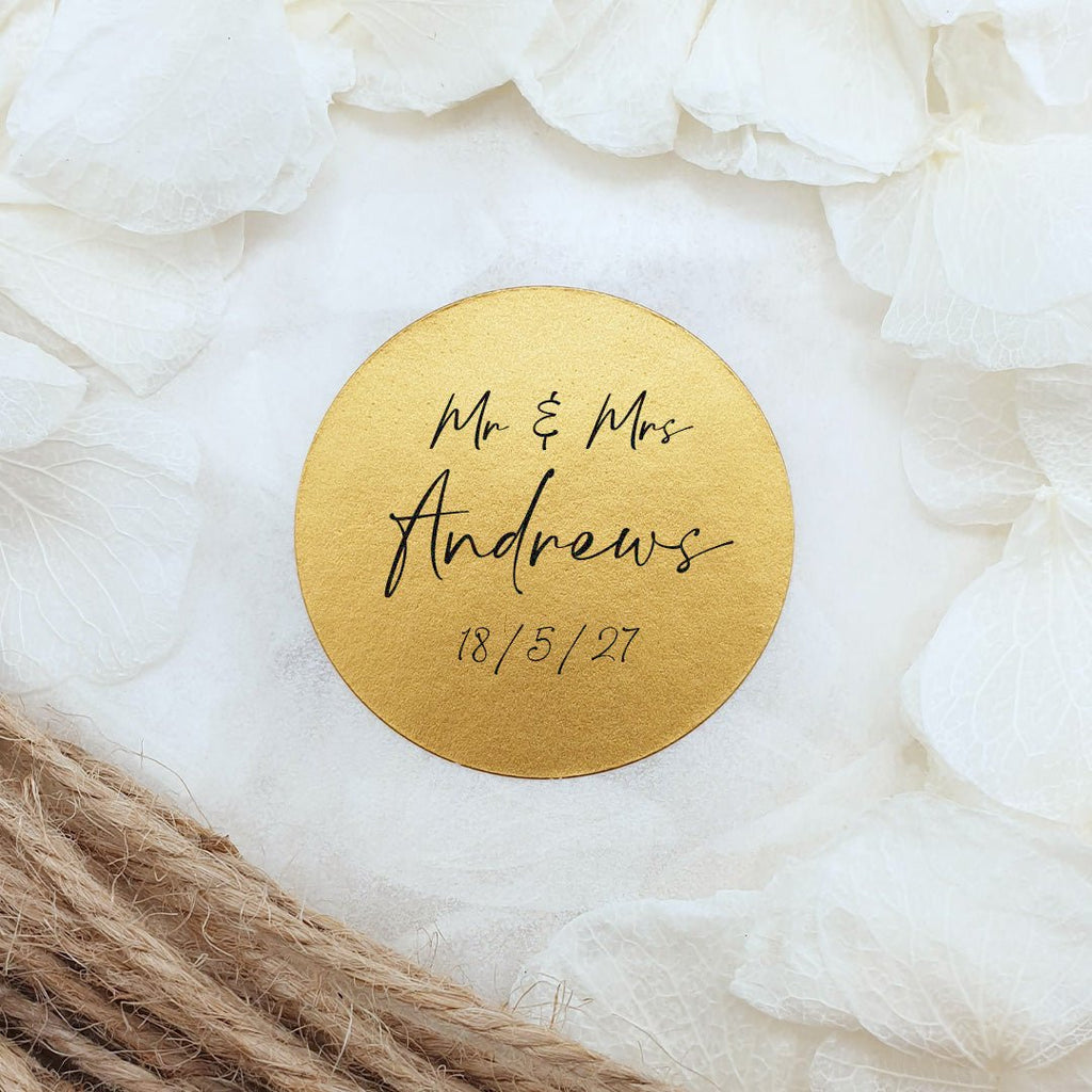 Metallic Gold Personalised Stickers - Mr & Mrs Design 1 - Confetti Bee