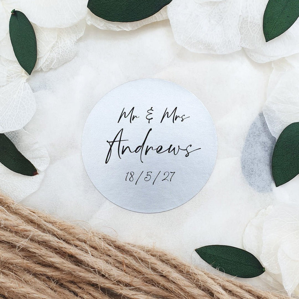 Metallic Silver Personalised Stickers - Mr & Mrs Design 1 - Confetti Bee