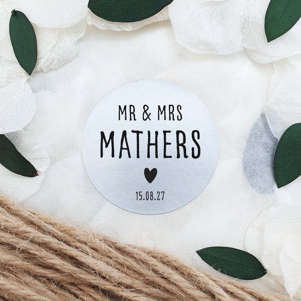 Metallic Silver Personalised Stickers - Mr & Mrs Design 6 - Confetti Bee