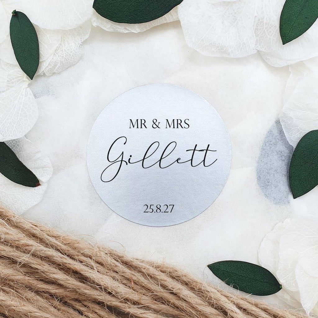 Metallic Silver Personalised Stickers - Mr & Mrs Design 8 - Confetti Bee