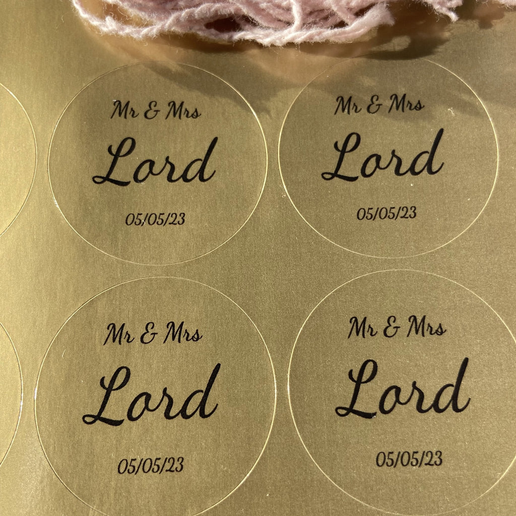 Metallic Gold Personalised Stickers - Mr & Mrs Design 5 - Confetti Bee