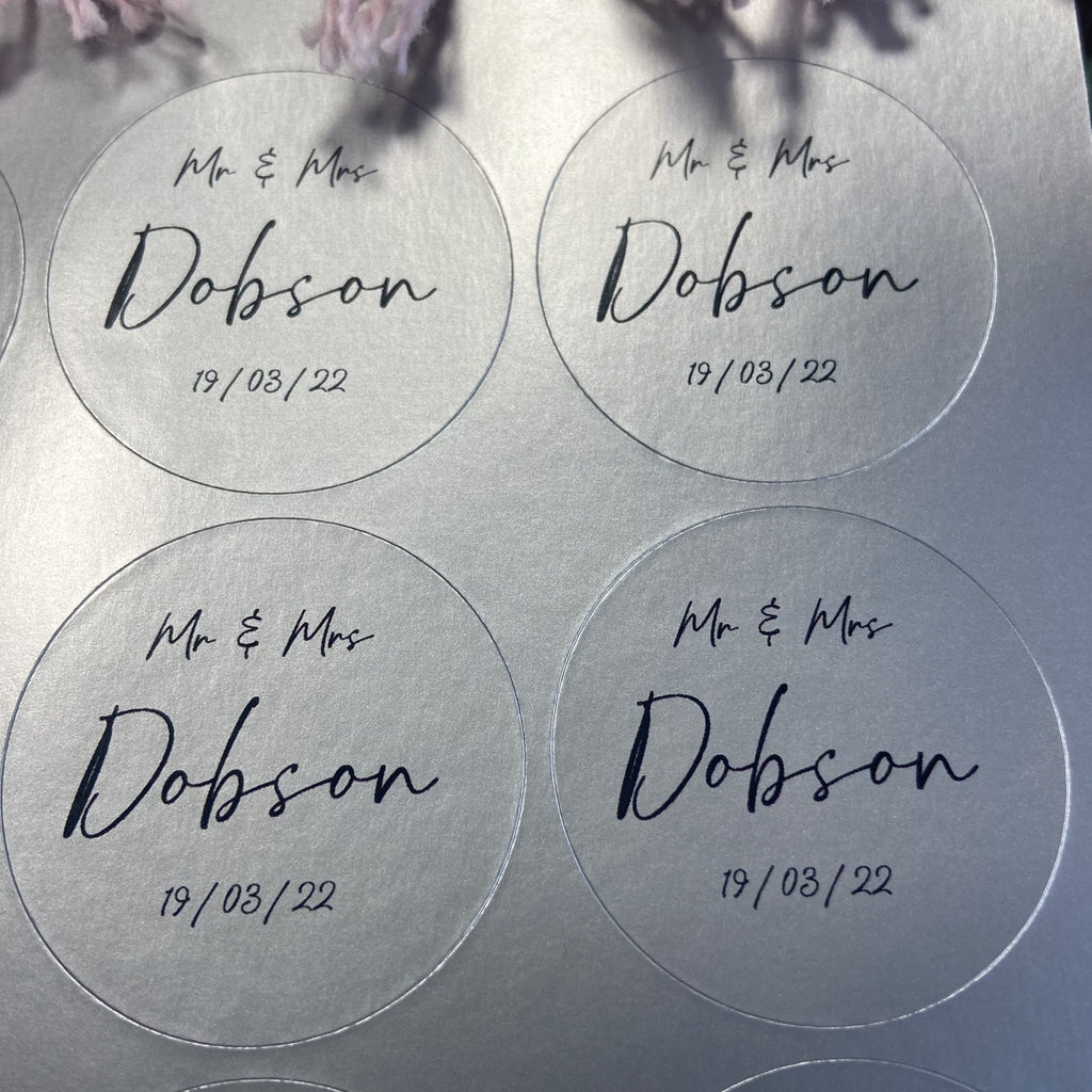 Metallic Silver Personalised Stickers - Mr & Mrs Design 1 - Confetti Bee