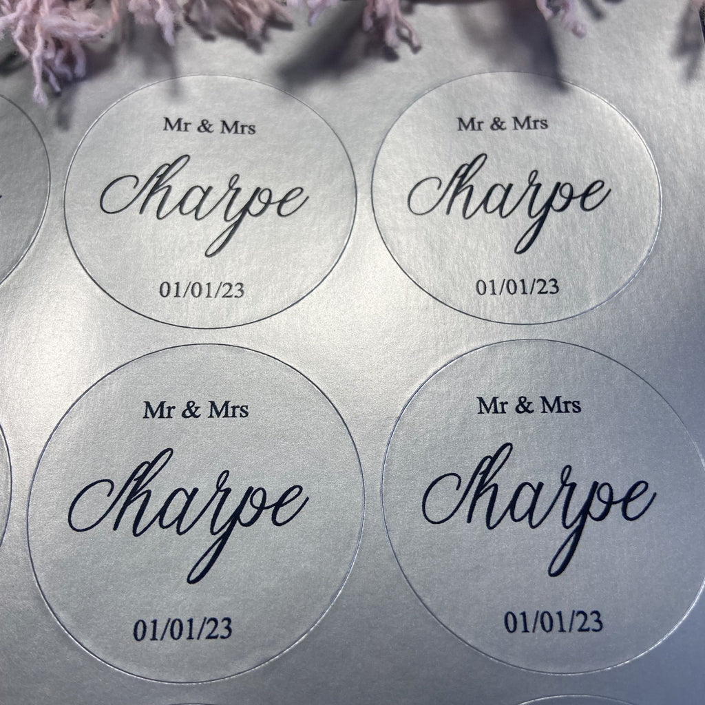 Metallic Silver Personalised Stickers - Mr & Mrs Design 2 - Confetti Bee