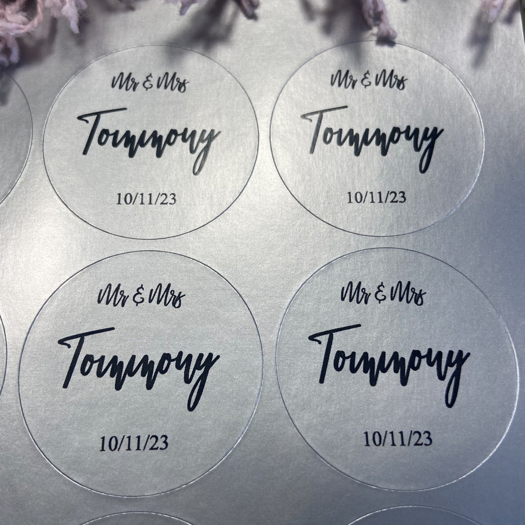 Metallic Silver Personalised Stickers - Mr & Mrs Design 3 - Confetti Bee
