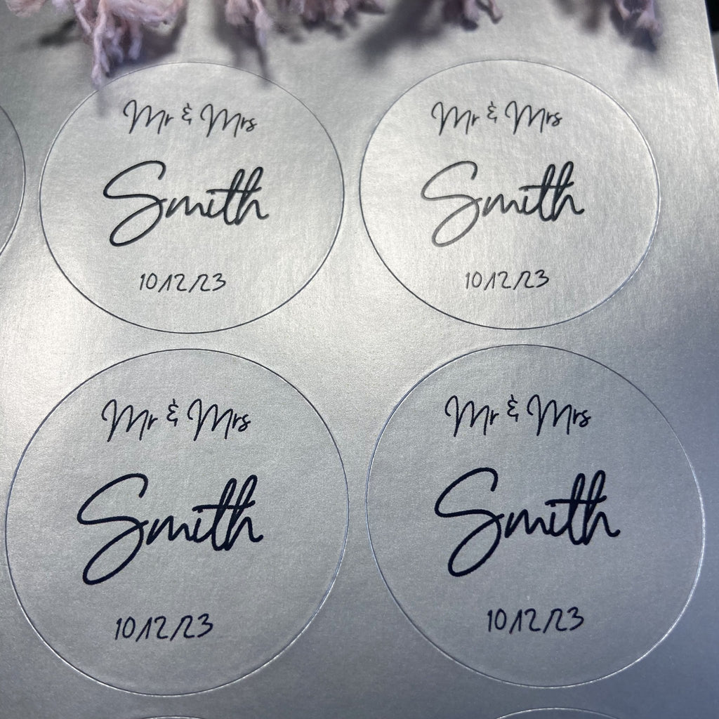 Metallic Silver Personalised Stickers - Mr & Mrs Design 4 - Confetti Bee