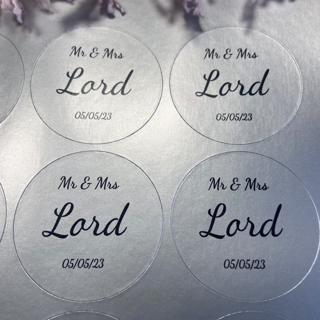 Metallic Silver Personalised Stickers - Mr & Mrs Design 5 - Confetti Bee