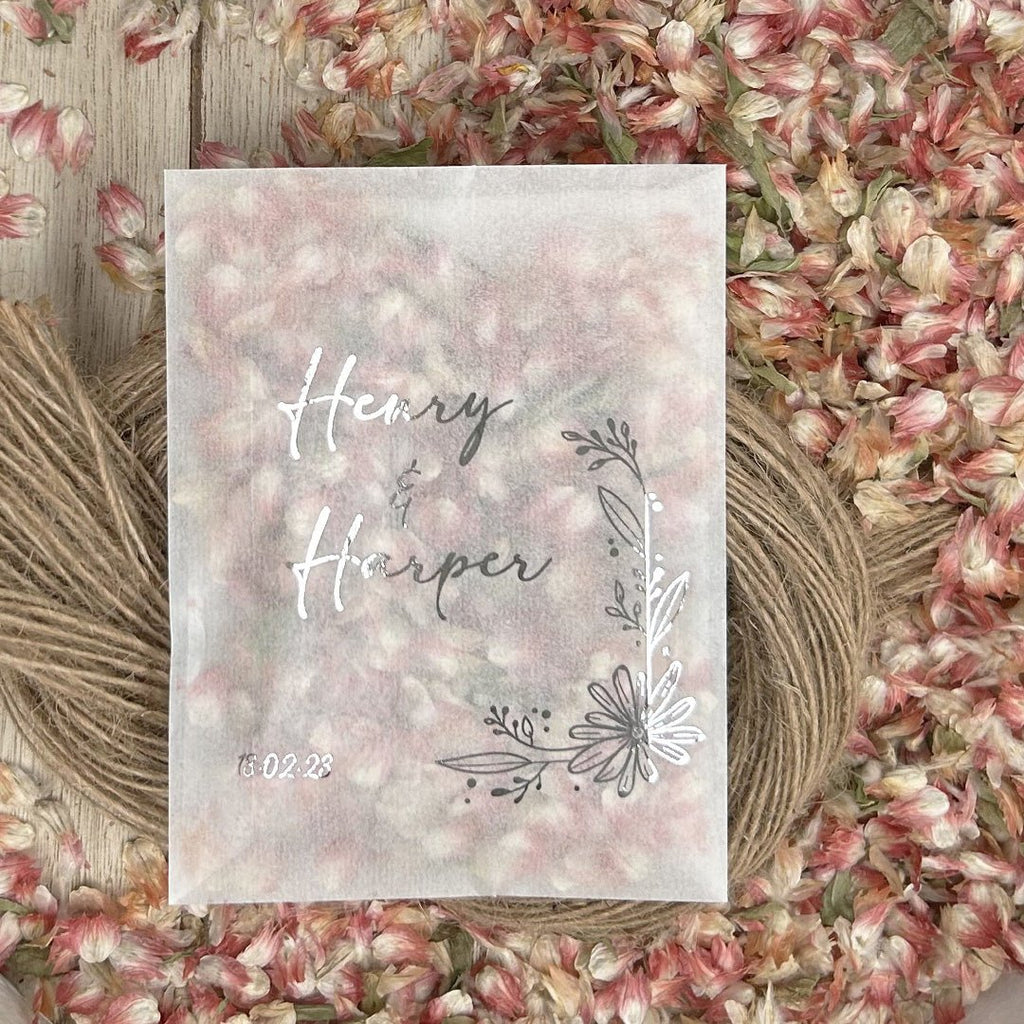 Personalised Foiled Glassine Confetti Packets - Floral Design 1 - Confetti Bee