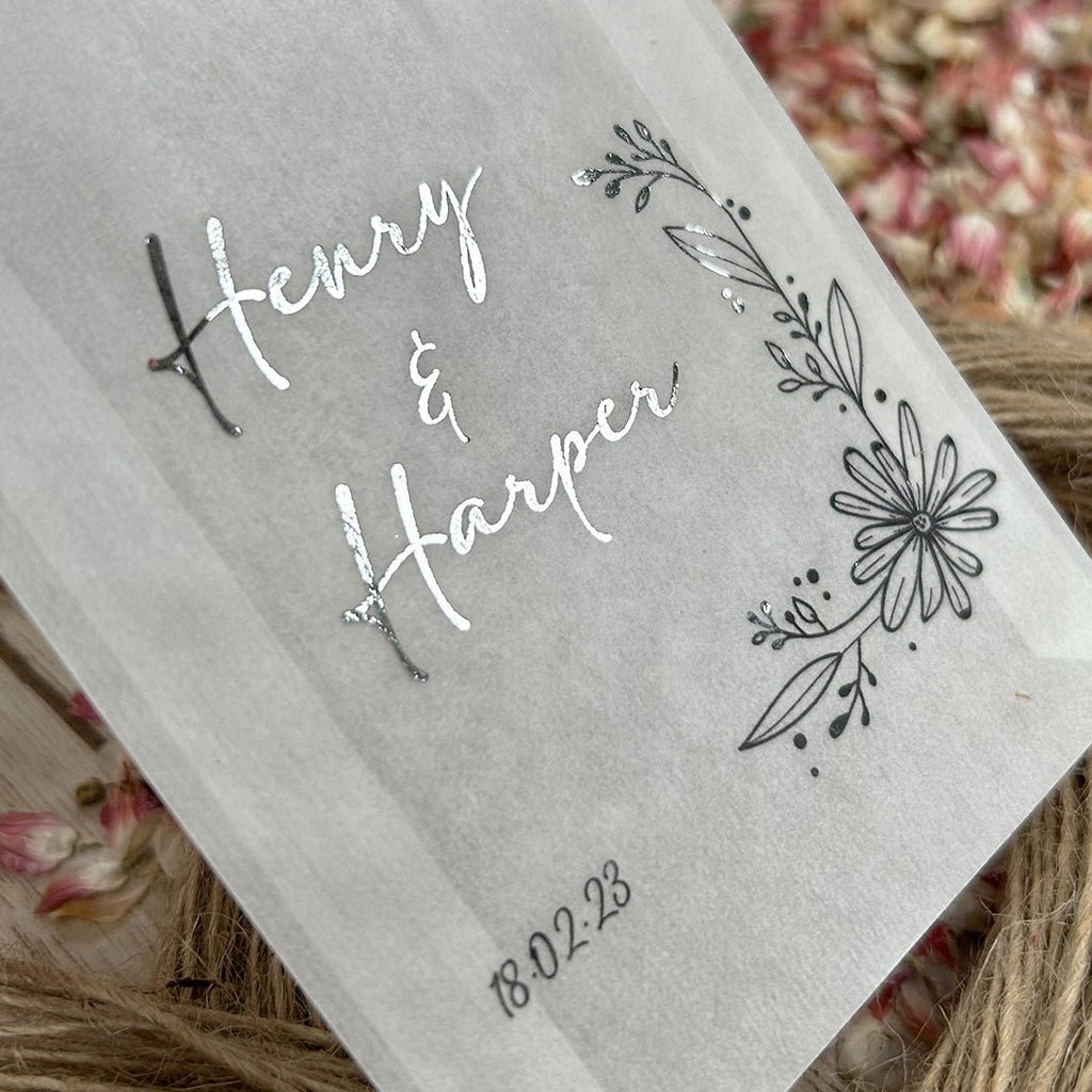Personalised Foiled Glassine Confetti Packets - Floral Design 1 - Confetti Bee