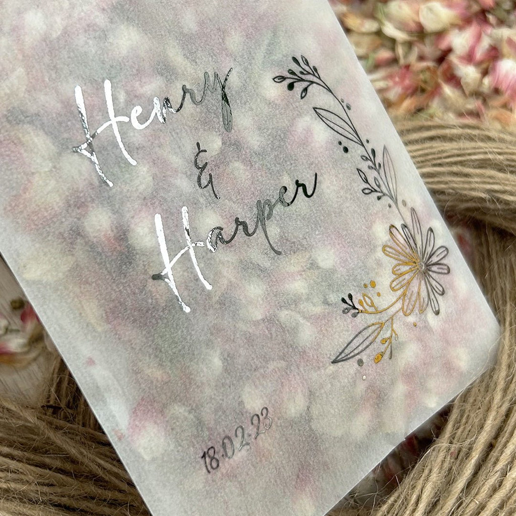 Personalised Foiled Glassine Confetti Packets - Floral Design 1 - Confetti Bee
