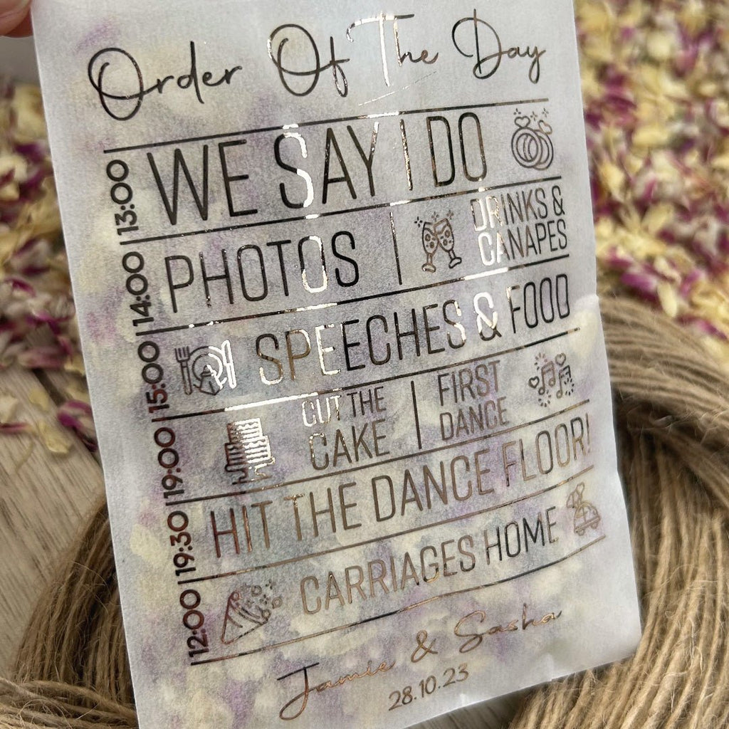 Personalised Foiled Glassine Confetti Packets - Order Of The Day Design 1 - Confetti Bee