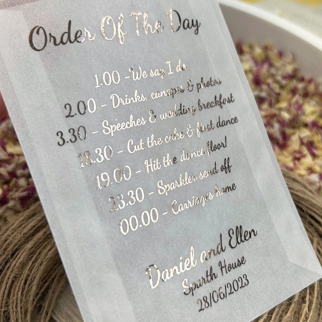 Personalised Foiled Glassine Confetti Packets - Order Of The Day Design 9 - Confetti Bee