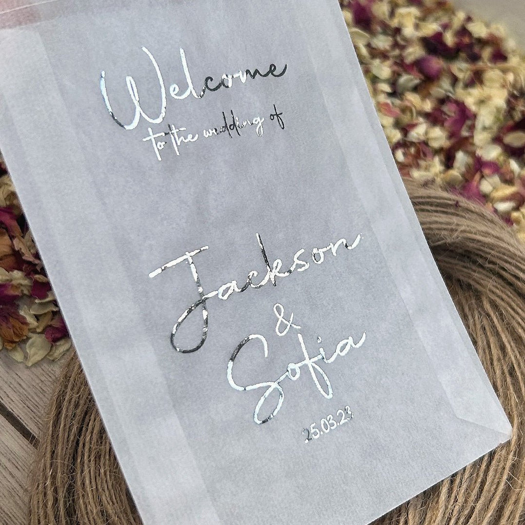 Personalised Foiled Glassine Confetti Packets - Welcome Design 2 - Confetti Bee